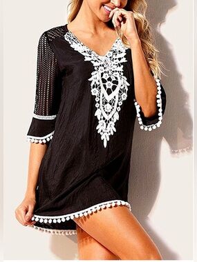 Women's Kaftan Black Crochet Tunic Bikini Cover-up Summer Beach Dress Size Large